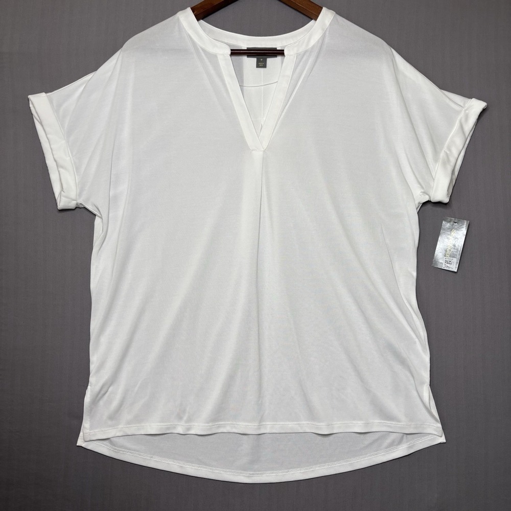 Style & Co White Split Neck Knit Top Medium Short Sleeve Drapey Camp Shirt